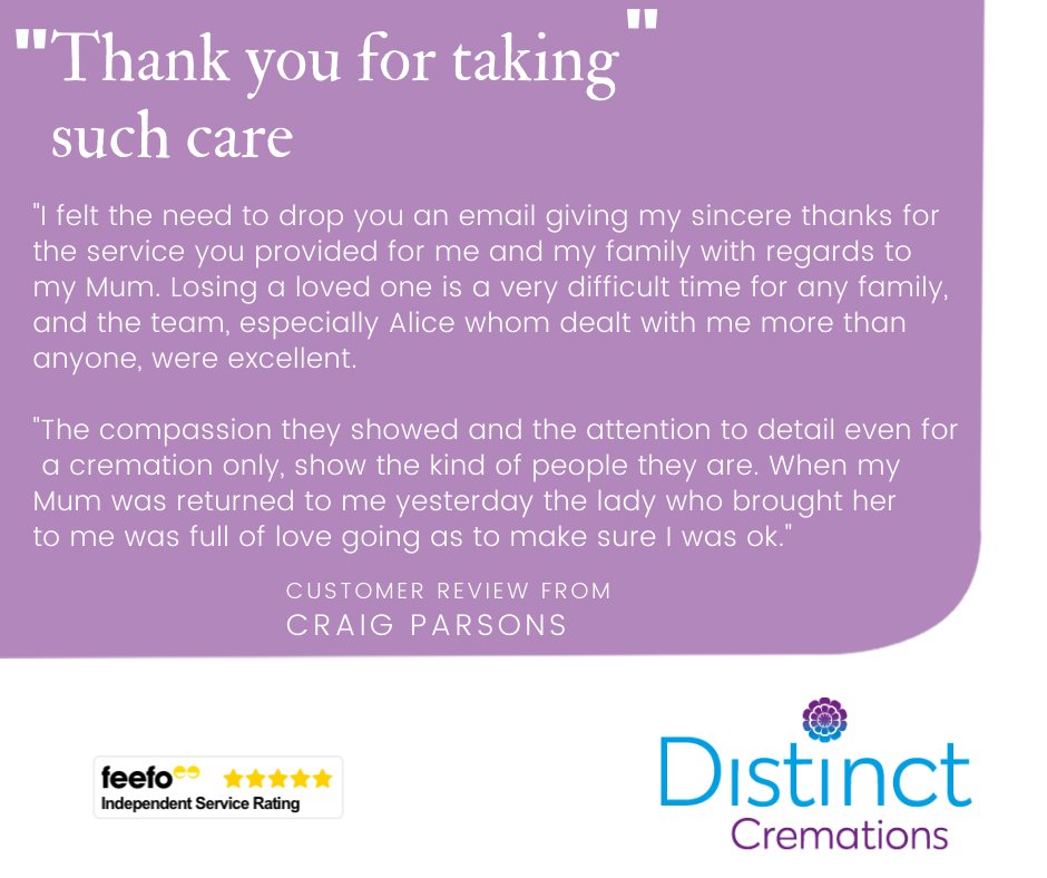 ⭐ Thank you to Craig for their great 5 star review. We take sure pride and honour in being entrusted with your loved ones during their final journey and it's so heartwarming to hear, with such beautiful words, that we have fulfilled your trust