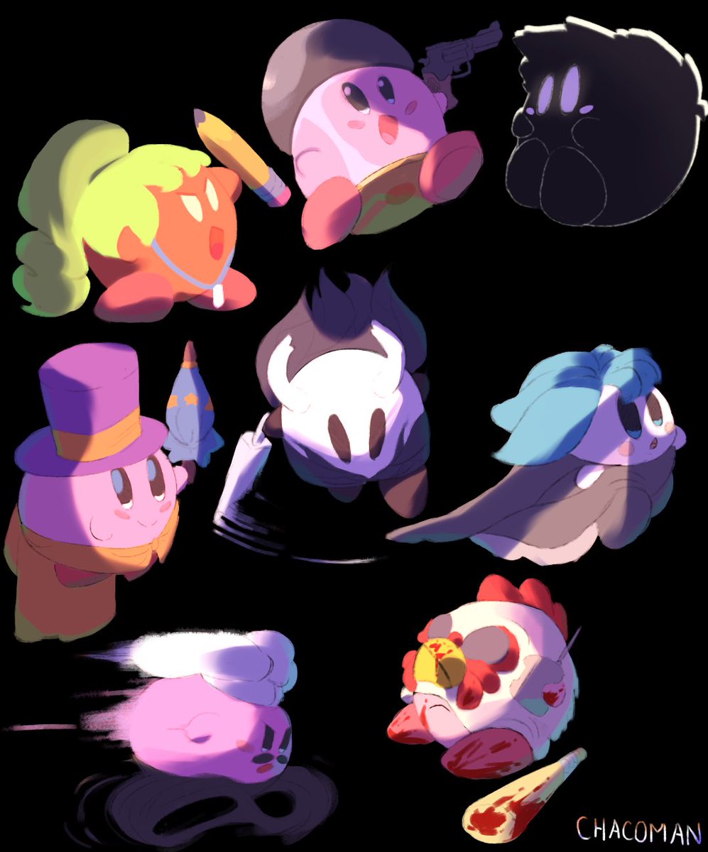 Just more #Kirby 
#indievideogames #fanart #croosover #art #hollowknight #ETG #HatInATime #pizzatower #Limbo #Gris #HotlineMiami #GoingUnder #ChacMan #indiegames #indiegamecharacter #EnterTheGungeon #HatKid #peppinospaghetti