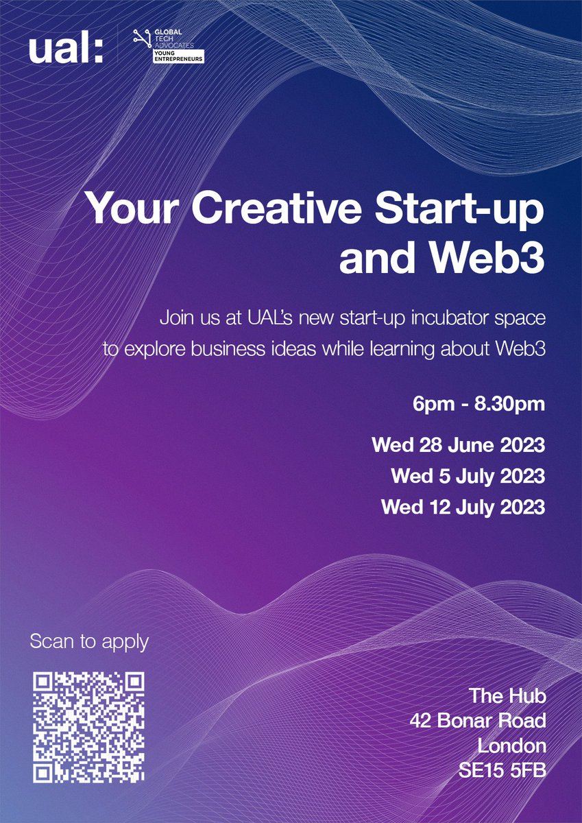 VERTICAL (@verticalcrypto) on Twitter photo We are thrilled to be partnering with <a href="/UAL/">University of the Arts London</a> on their Creative Start-Up and Web3 course in the University's newest incubator space in London 🇬🇧
The course is a 3-part business development series starting on
📆 Wed 28 June
🗣Limited spaces available
⚡️Scan QR code to apply
More 👇🏻 We are thrilled to be partnering with <a href="/UAL/">University of the Arts London</a> on their Creative Start-Up and Web3 course in the University's newest incubator space in London 🇬🇧
The course is a 3-part business development series starting on
📆 Wed 28 June
🗣Limited spaces available
⚡️Scan QR code to apply
More 👇🏻