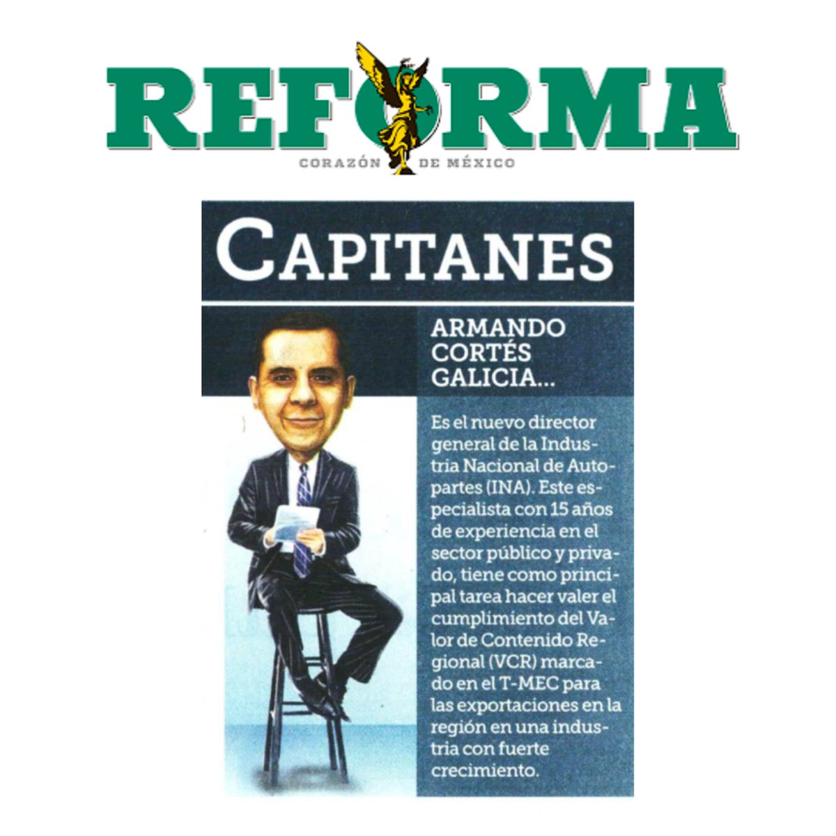 inaoficialmx's tweet photo. #NotaDelDía📢
Hoy, en #CapitanesReforma: Armando Cortés Galicia es nombrado nuevo director general de la #INAoficial. Su principal objetivo es asegurar el cumplimiento del Valor de Contenido Regional establecido en el T-MEC para las exportaciones en una industria en crecimiento. https://t.co/vRB3mlRzWv