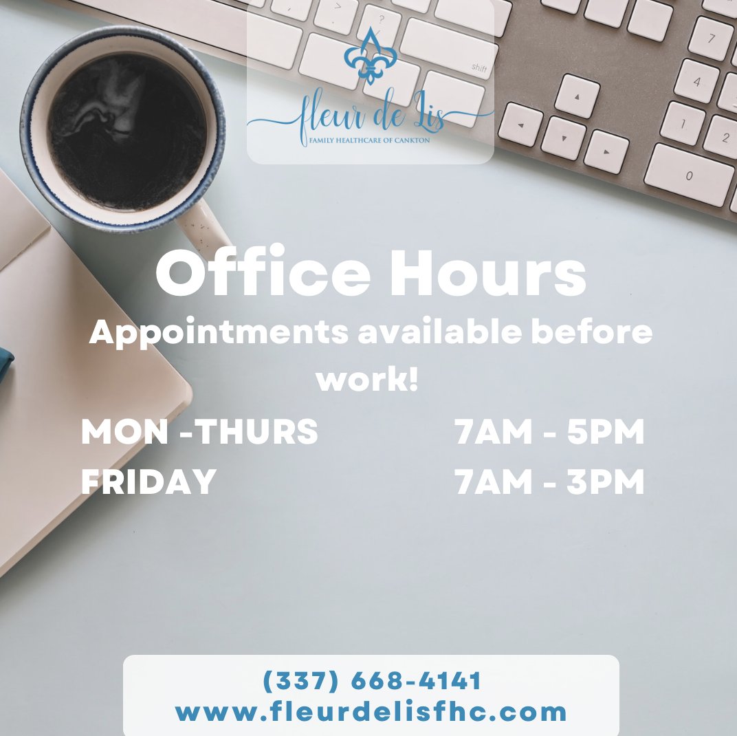 Make time for your health and well-being!

Appointments are available before/after work - book yours now! #TakeCareOfYou

Fleur de Lis Healthcare of Cankton 
Appointments: (337) 668-4141
376 Main Street 
Cankton, LA 70584
fleurdelisfhc.com

#RuralHealth #PatientCare #Family