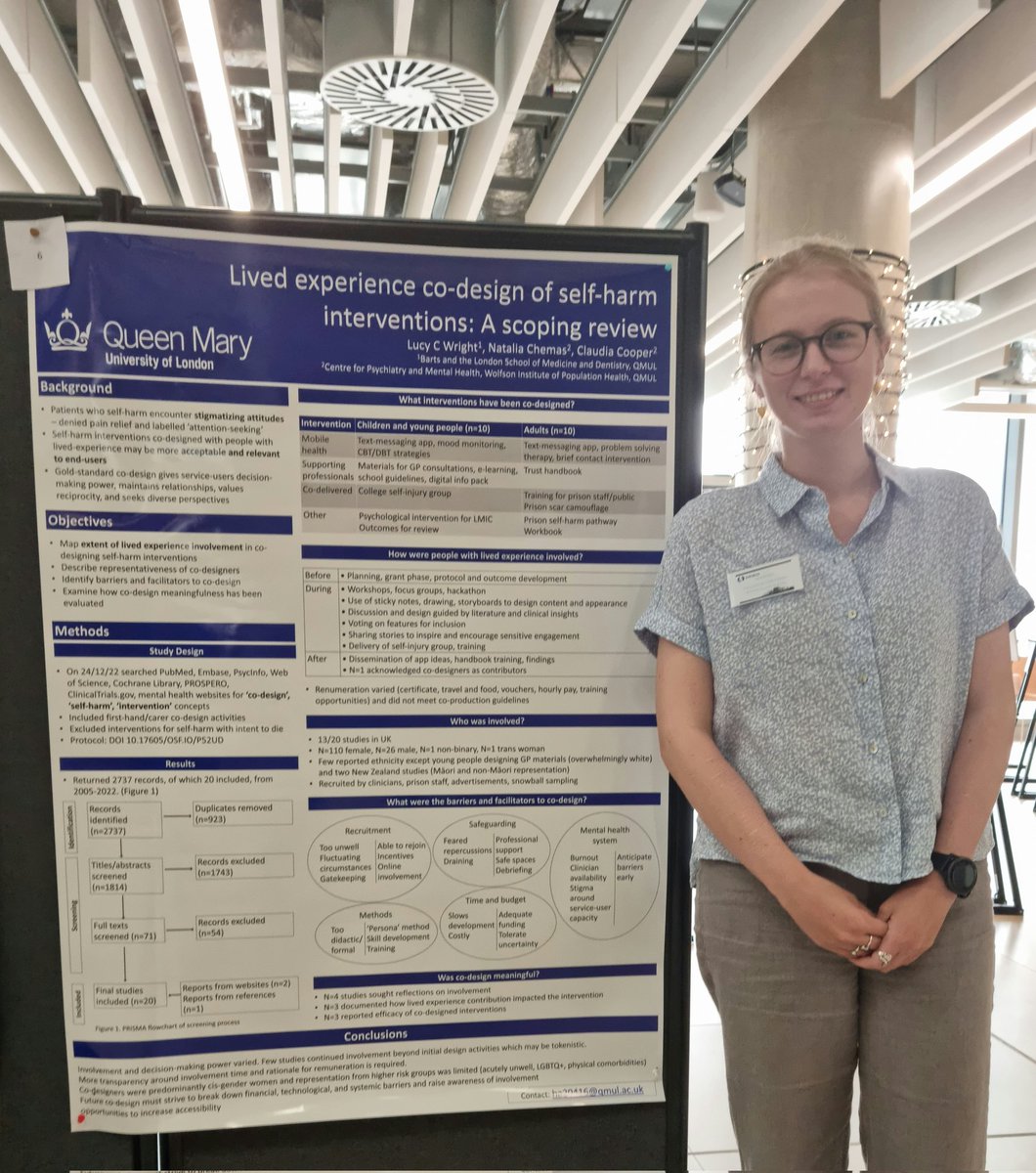 Enjoyed talking about my SSC research on how people with lived experience have been involved in co-designing self-harm interventions! #EMCRF2023 <a href="/ClaudiaACooper1/">Claudia</a> <a href="/QMUL_WIPH/">Wolfson Institute of Population Health</a>