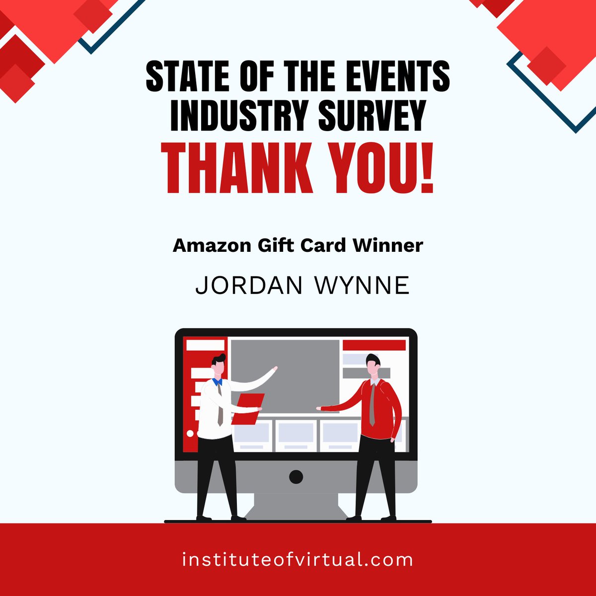 Hey #eventprofs thank you for sharing your insights for the IOV State of #events survey…Until our next survey.

Congratulation to our Amazon gift card winner Jordan Wynne

Someone from our team will get in touch with you via email.

.

.

.

#eventsindustry #eventspace