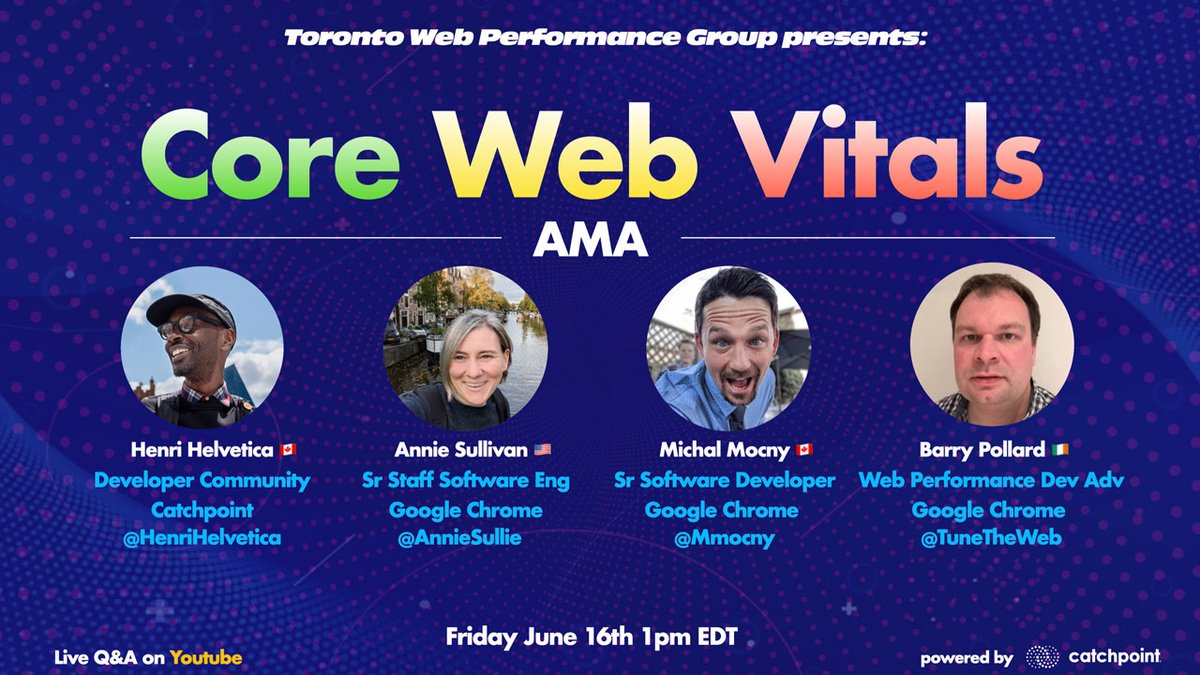 Happening in under 1hr. A CWV discussion of all the recent changes. Come one come all, bring your q?s 🗣️: @anniesullie @mmocny @tunetheweb & I 📆: Today at 1p EDT, 6p 🇬🇧, 7p CEST, 10a PDT. 💻: bit.ly/cwv-ama-2023 (click for reminder) powered by @Catchpoint Join us! RT ⚡️