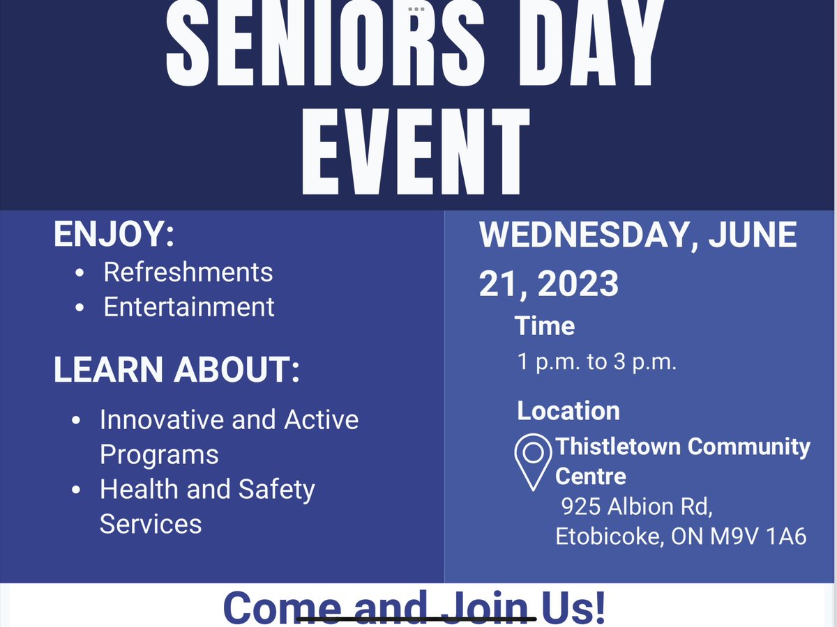 On Wednesday June 21, my colleague Maria will be at the Seniors Day Event at Thistletown Community Centre organized by <a href="/VincentCrisanti/">Vincent Crisanti - City Councillor Ward 1 Etobicok</a>  and I will be at Franklin Carmichael’s. You are welcome to pass by.