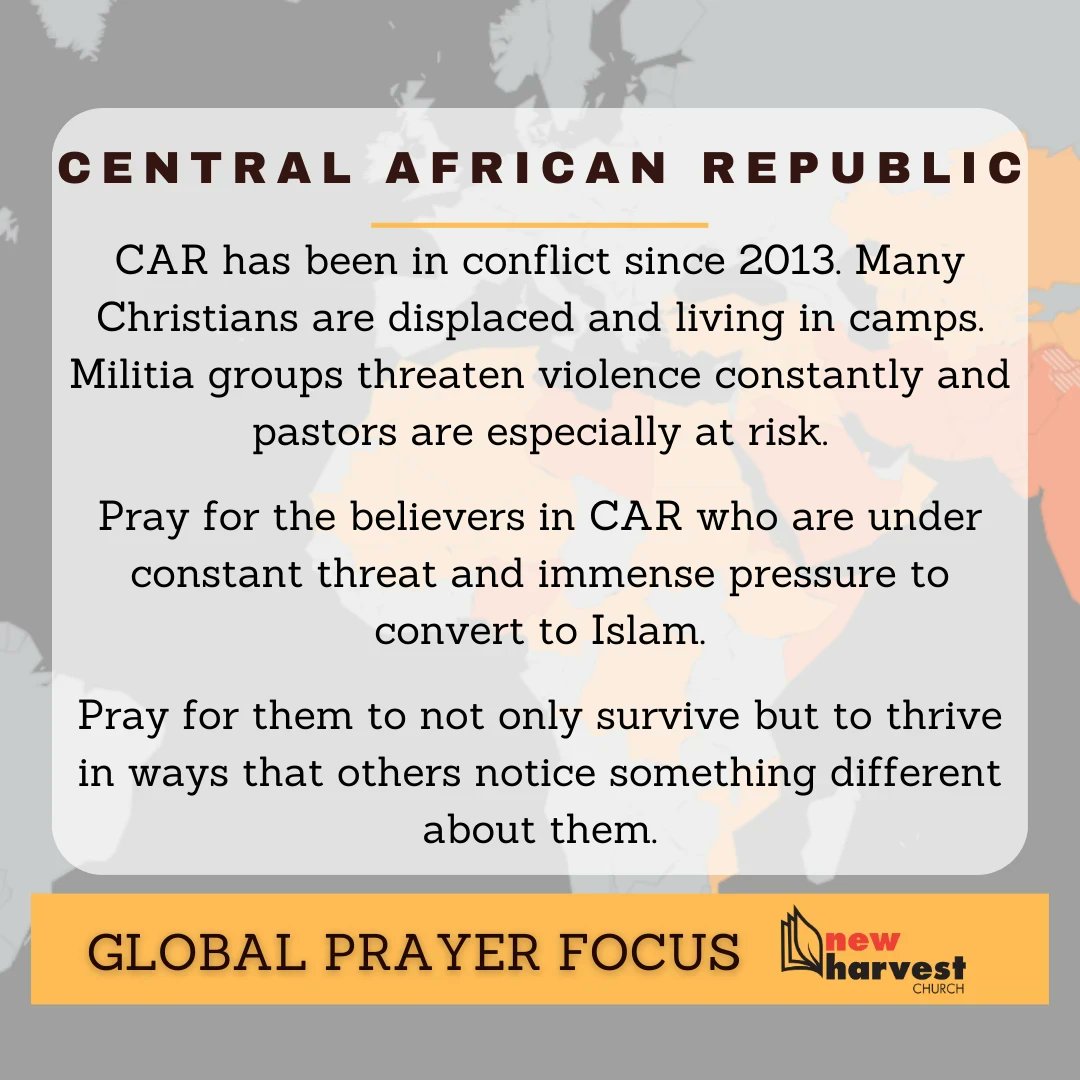 CAR can use our prayers this week. Pray for believers to find encouragement, fellowship, and opportunities to reach out to their neighbors. God loves the people of CAR. Pray for His Spirit to sweep over this nation. Photo: EUCPHA #PrayfortheNations #GodIsAtWork #NHCPrayer