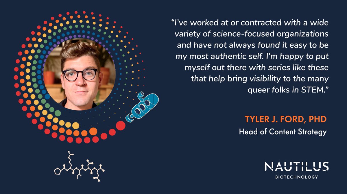 #HappyPride! Throughout the month, we’re highlighting some of the amazing #LGBTQ+ folks working at Nautilus and celebrating their contributions to the team. 

This week we’re featuring our Head of Content Strategy, Tyler Ford (@TyFordFever)! 
 
#OutInSTEM #LGBTInSTEM #Biotech