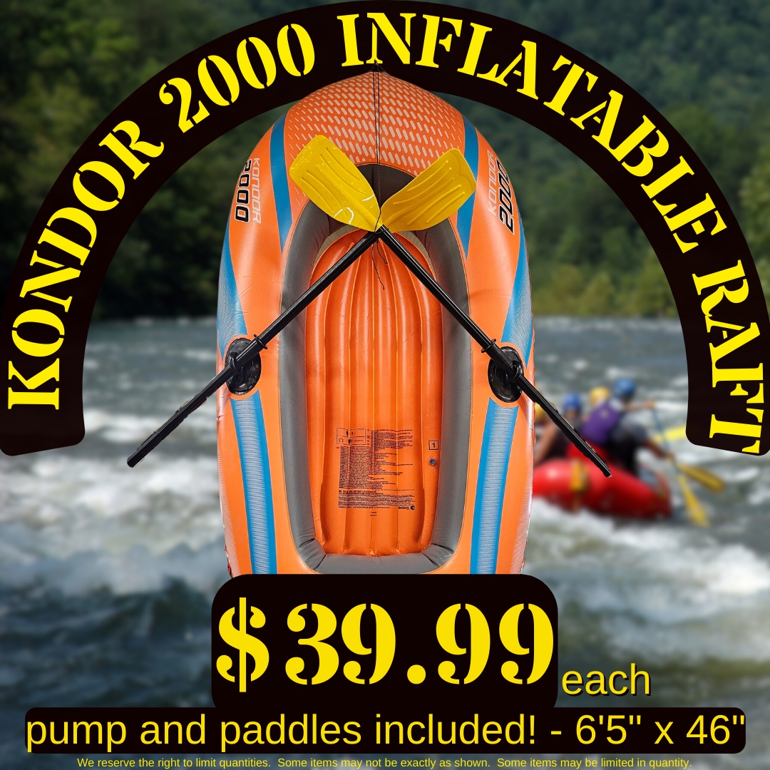 Check out the Kondor 2000 inflatable raft! Complete with paddles and a pump, this is the perfect addition for your next water adventure. Get yours now for only $39.99! #Kondor2000 #inflatableraft #waterfun #paddles #pump