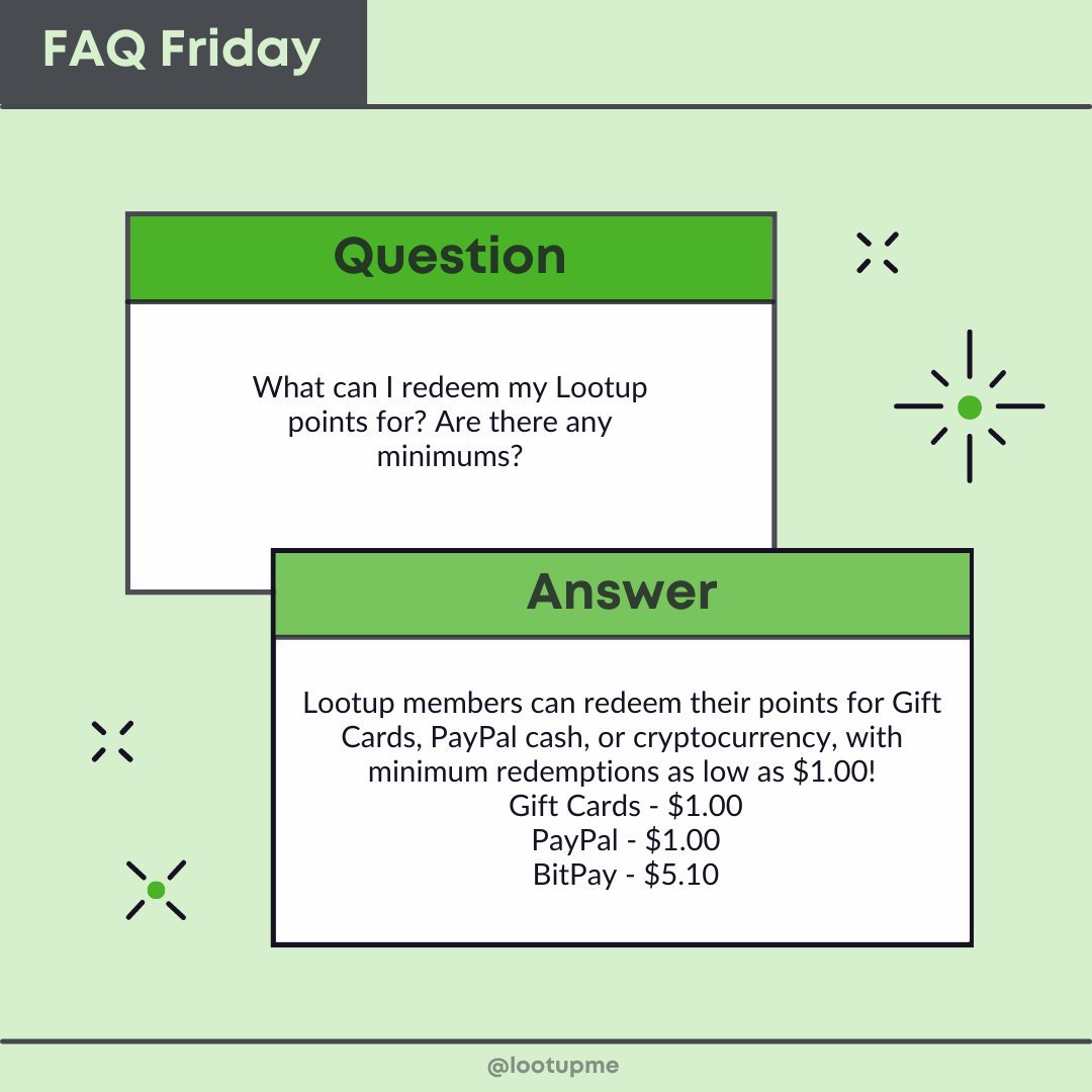 LootUpMe's tweet image. What can I redeem my Lootup points for? Are there any minimums?

#FAQFriday #Lootupme #earpoints #redeemrewards #earnonline