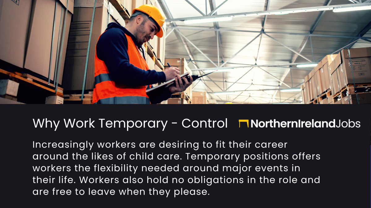 NorthernIreJobs's tweet image. 🦺 Why work Temporary - Control 🦺

Taking a Temporary position can provide the control and flexibility around work that people want.

#Belfasthour #NorthernIreland #TemporaryWork