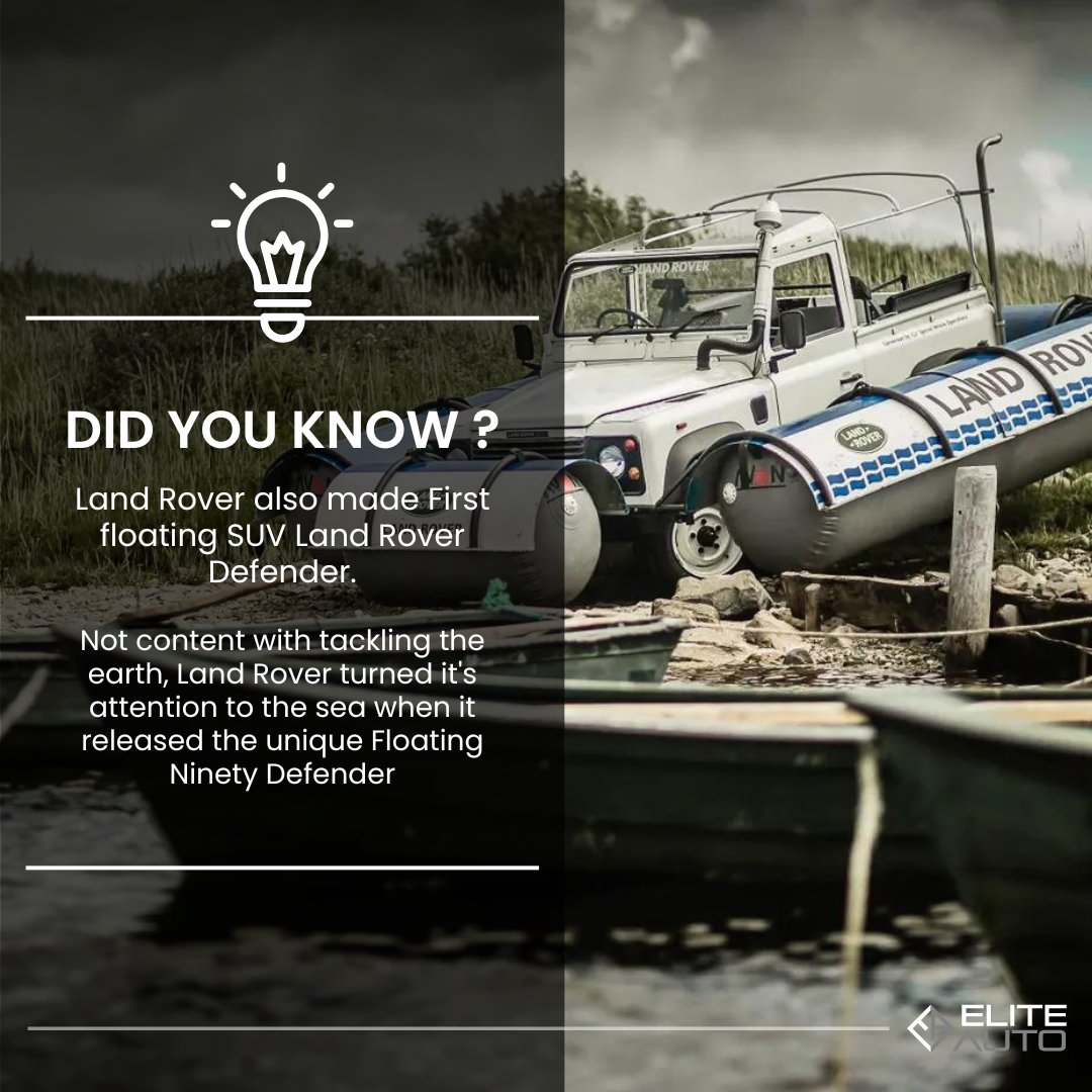 #DidYouKnow

'Land Rover made First floating SUV Land Rover Defender.'

Not content with tackling the earth, Land Rover turned its attention to the sea when it released the unique Floating Ninety Defender.

#EliteAuto #Defender #LandRover #Funfacts #OffRoadAdventures #4x4Life