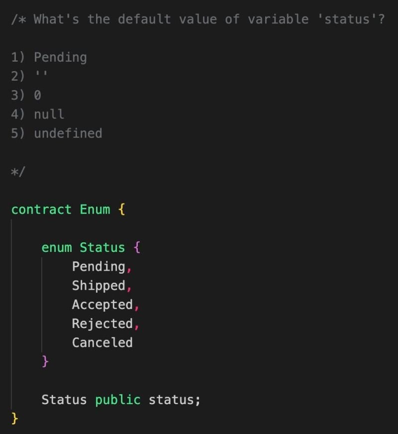 iconalmas's tweet photo. #Solidity Challenge#51 🧐

What's the default value returned by the variable 'status'? https://t.co/0r3dcHk60R