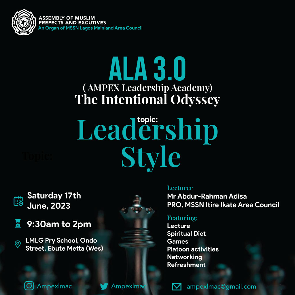 Join us tomorrow as we take our AMPEX Ambassadors on a journey of various #Leadership Style 

#ampex #lmac #mssn #youthdevelopment #youthengagement #sdg4 #sdg10 #intentionalodyssey #Odyssey #ALA3.0 #Ambassadors #leadership