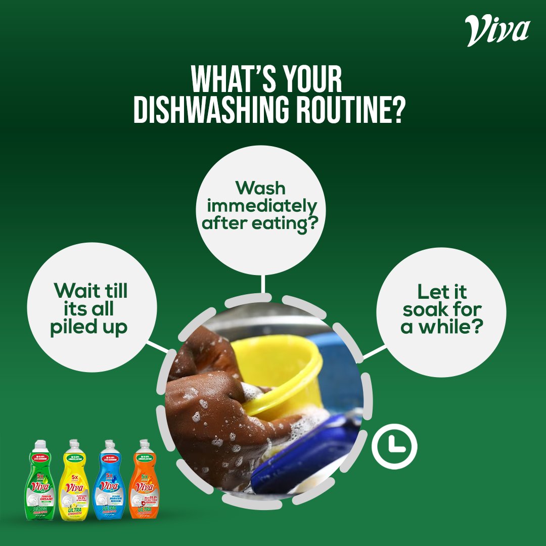 Your dishwashing routine might be different but always let your Viva dishwash remain a constant! It makes cleaning dishes a breeze. 

What’s your routine though?😊

#VivaPlusDishwash
#Ultrastrength
#dishwasher
#5xpower