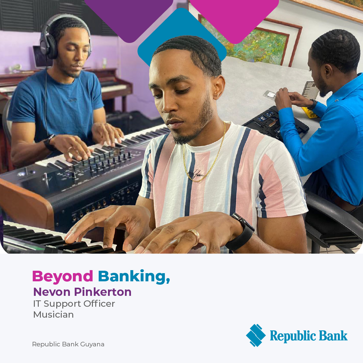 republicbankgy's tweet image. Let’s celebrate Nevon Pinkerton! Our #RBGY employee attached to our IT Dept. From drums to keyboards, Nevon is a true master of musical art transforming the world one note at a time. #RBGYProud #BeyondBanking