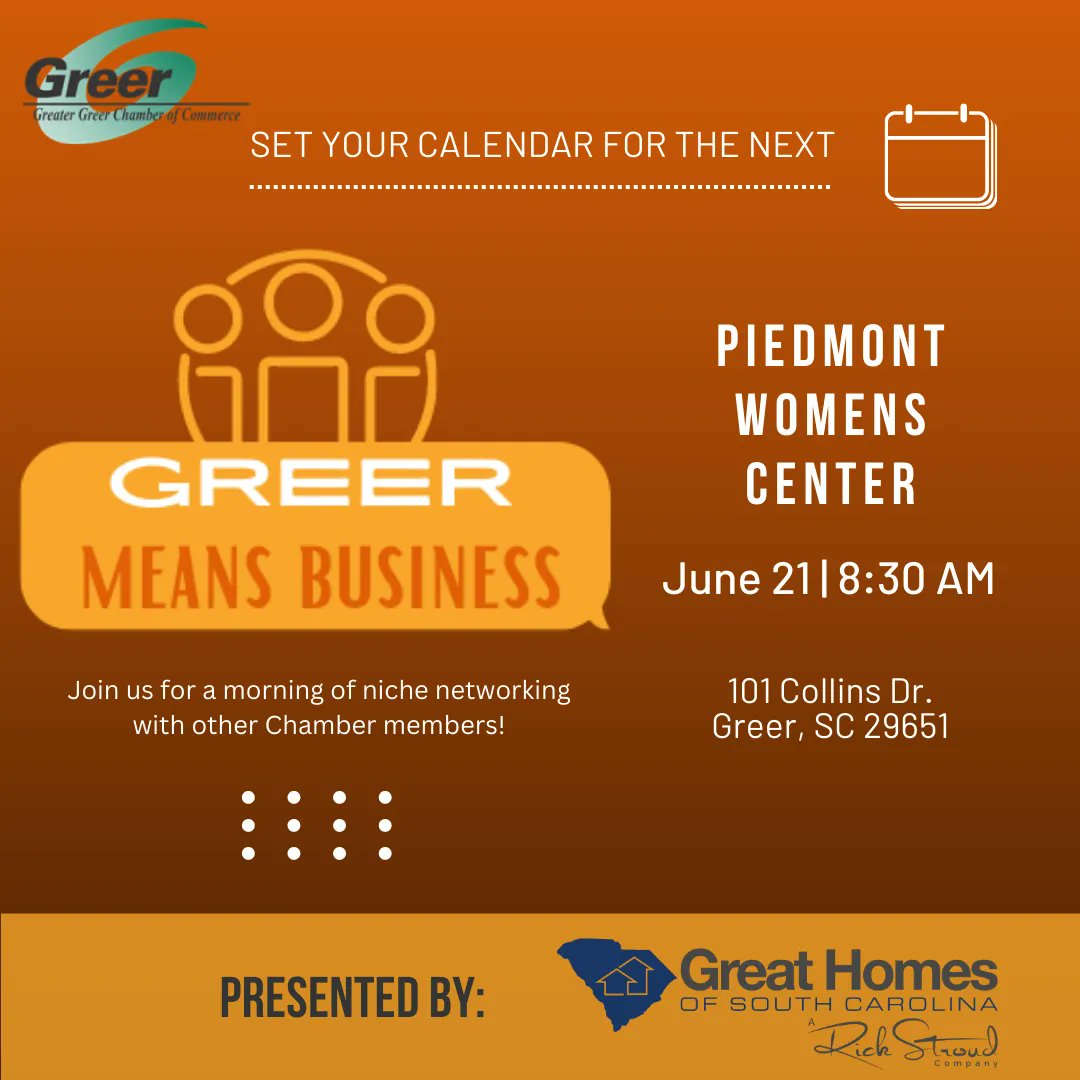 REMINDER - you're GMB is Wednesday, June 21st!

#Greer #greersc #chamberofcommerce #commerce #network #WomensHealth #networking #greerchamber #greenville360 #gvltoday #hereingreer #thisisgreer #greermeansbusiness #GMB #business #greenvillesc #spartanburgsc #upstatesc #health