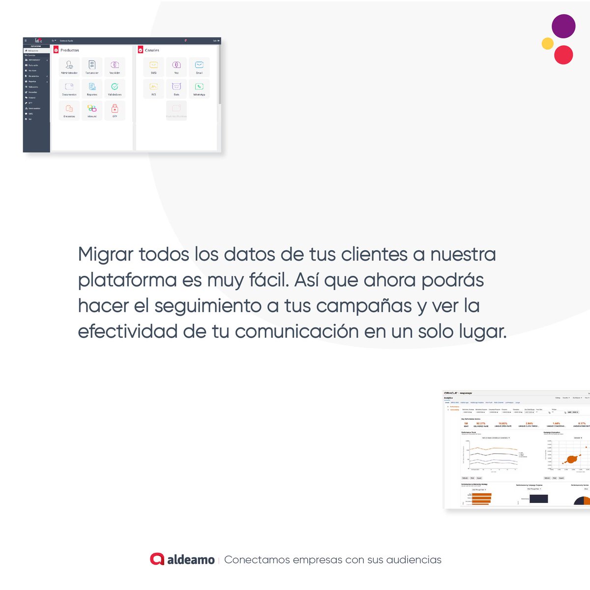 Aldeamo's tweet image. Gracias a nuestra API para enviar SMS, podrás agregar una capa adicional de interacción con tus clientes. 💥 Aprovecha todas las ventajas y potencia tus comunicaciones con la integración de Aldeamo + Oracle Responsys.

#MarketingSolutions #CustomerJourney #TargetedMessaging
