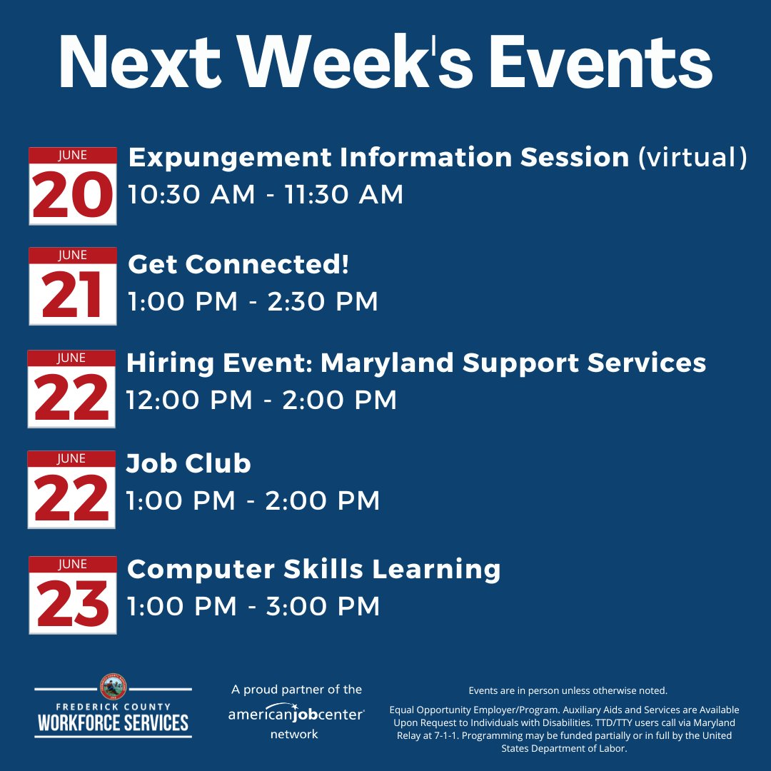 Check out a few events #FCWS is offering next week. 👉 View the full calendar at frederickworks.com/events

#Hiring #Networking #SecondChances #ComputerSkills #CareerServices