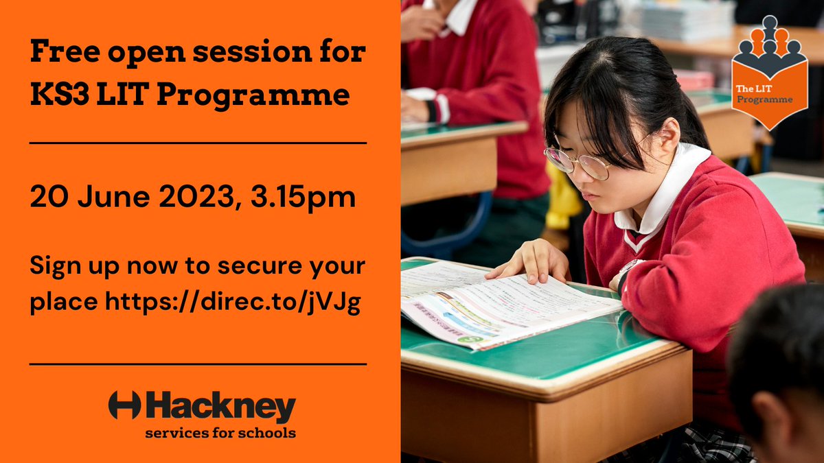 There is still time to sign up for our online session about our successful LIT Programme.

Meet <a href="/HackneyLIT/">Jo Davey</a> and find out how we can help raise secondary pupils' reading and literacy attainment at KS3.

📅 20 June at 3.15pm
🖊️ direc.to/jVJg