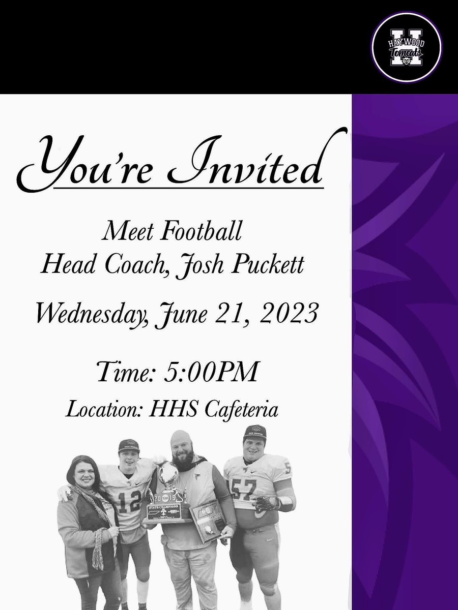 A new era of Tomcat football has begun! Haywood County Schools is excited to introduce Coach Josh Puckett as the new Tomcat Head Football Coach. Join us for a Meet and Greet Wednesday, June 21, 2023, at 5:00 pm at @haywoodhigh!