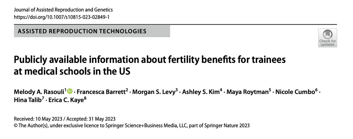 What information about fertility benefits for trainees is publically available at US medical schools?

Our paper out today in the Journal of Assisted Reproduction and Genetics explores this question:
doi.org/10.1007/s10815…

#MedTwitter #obgyntwitter #infertility 

1/4