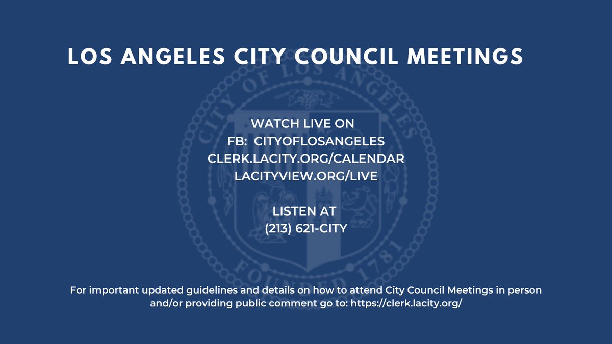 Your @LACityCouncil meeting is in session LIVE at 10 AM.

Tune in to:
facebook.com/CityofLosAngel…
lacityview.org/live
clerk.lacity.org/calendar