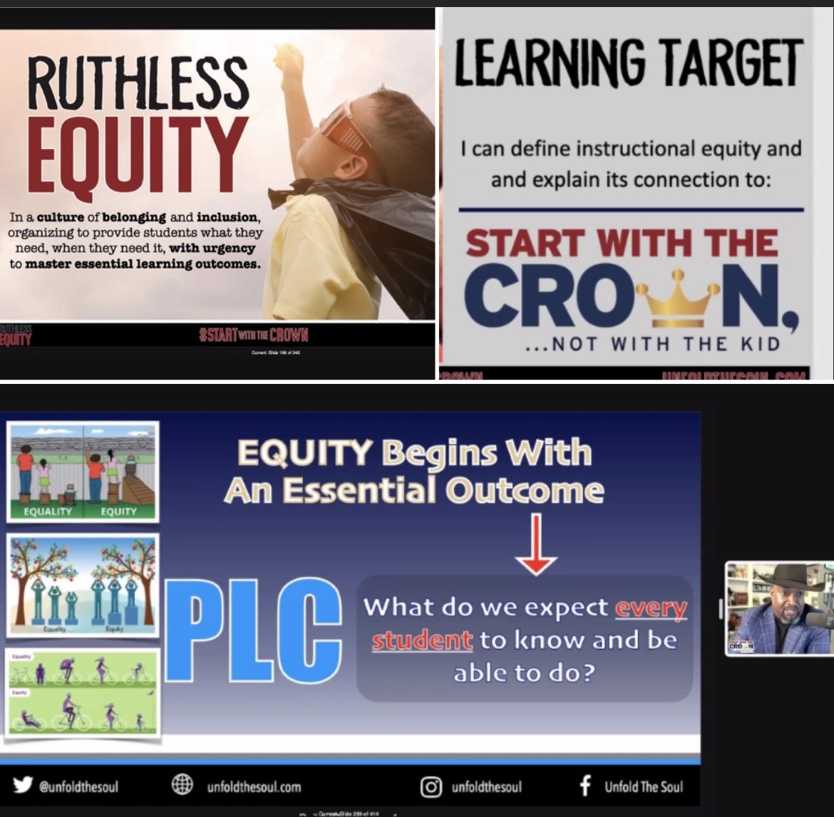 TherisaSeymour's tweet image. Day 2 of #VirtuallyDifferent conference @KeepINLearning was on point! 🤗 Empowering sessions about equity with Ken Williams @unfoldthesoul.  How will we get each student there? Excuses live in comfort. Start w/👑, not the kid. #FCEfish @FCEhse #celebrateALL💙