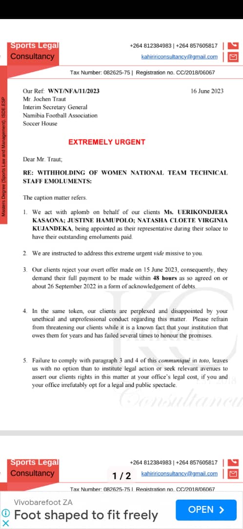 PAY THE MONEY: The Namibia Football Association (NFA) is asked by the representative of the Brave Gladiators to settle the money they owe the technical team.