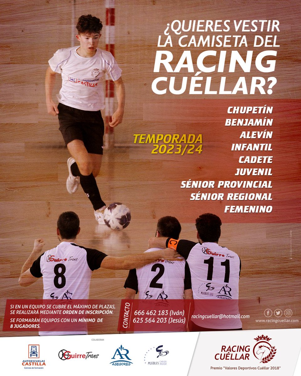 Pues si, continuamos a tope, aún no te decidiste qué deporte realizar, llama y apúntate al Racing Cuéllar - Autoescuelas Castilla disfrutarás del #futbolsala 

Te esperamos!!

#ApoyaElComercioLocal 
#apoyamoscantera desde el primer día
#soydelracingcuellar
