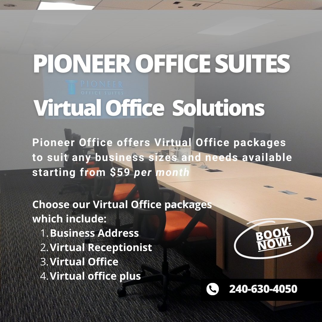 Embrace virtual entrepreneurship with Pioneer Office Suites! 🌐💼 Unlock the power of remote work and start your own business. 
Explore seamless solutions at pioneerofficesuites.com or call 240-630-4050. #virtualofficesolutions #servicedoffices #officespaces #PioneerOfficeSuites