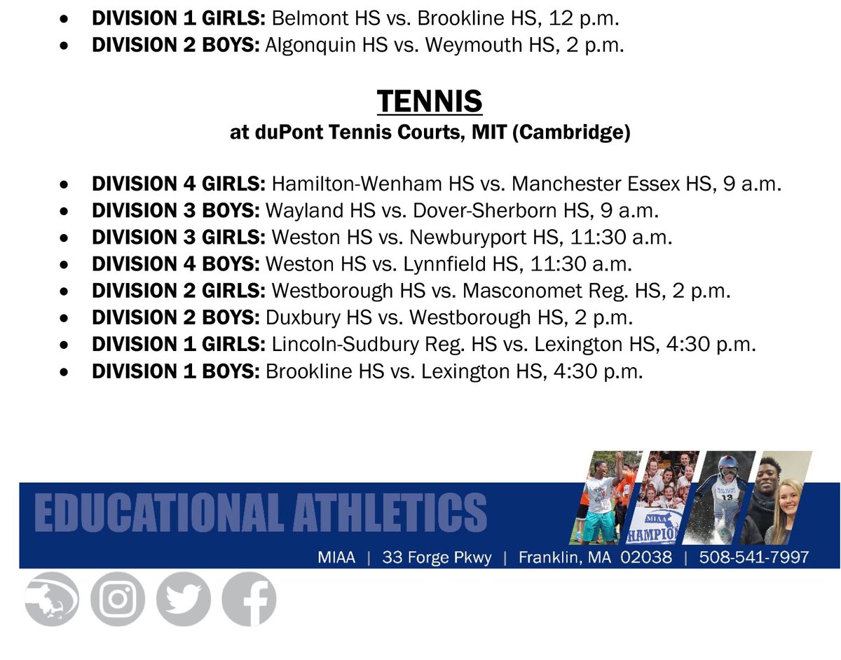 ☔️ MIAA STATE CHAMPIONSHIP SCHEDULE UPDATE 🏆

All State Championship events scheduled for Saturday have been postponed to Sunday, June 18.

Please check the release attached below for updated times, if available and applicable.