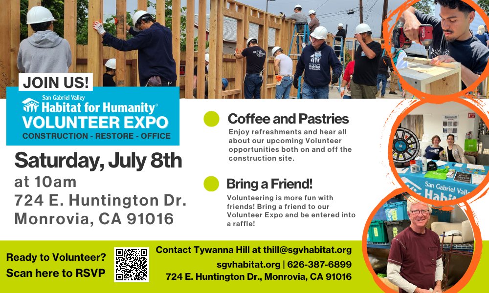 sgvReStores's tweet photo. *Save the Date* Saturday, July 8th at 10am. SGV Habitat for Humanity will be hosting our Volunteer Expo in Monrovia. Learn about upcoming volunteer opportunities, enjoy refreshments and bring a friend to be entered into a raffle.
#Volunteer #sgvhabitat #sgvrestores https://t.co/hiUSF1Qkg3