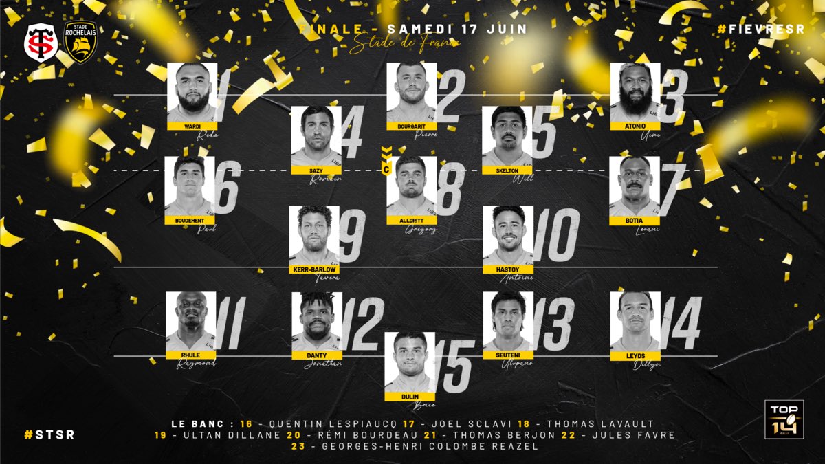 The Toulouse and La Rochelle squads for the #TOP14 final on Saturday

Oh my