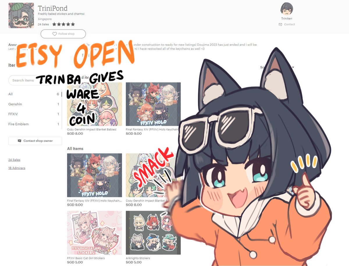 triniten's tweet photo. [RTs Appreciated!]

My etsy store is up and running again if people would like to get my more recent stuff from Doujima 2023! 

I'll have future stuff added into the store soon! Like HSR as well as more FFXIV stuff, so do look out!

#etsy #FFXIV #FF14  #GenshinImpact https://t.co/IqjfCQDswQ