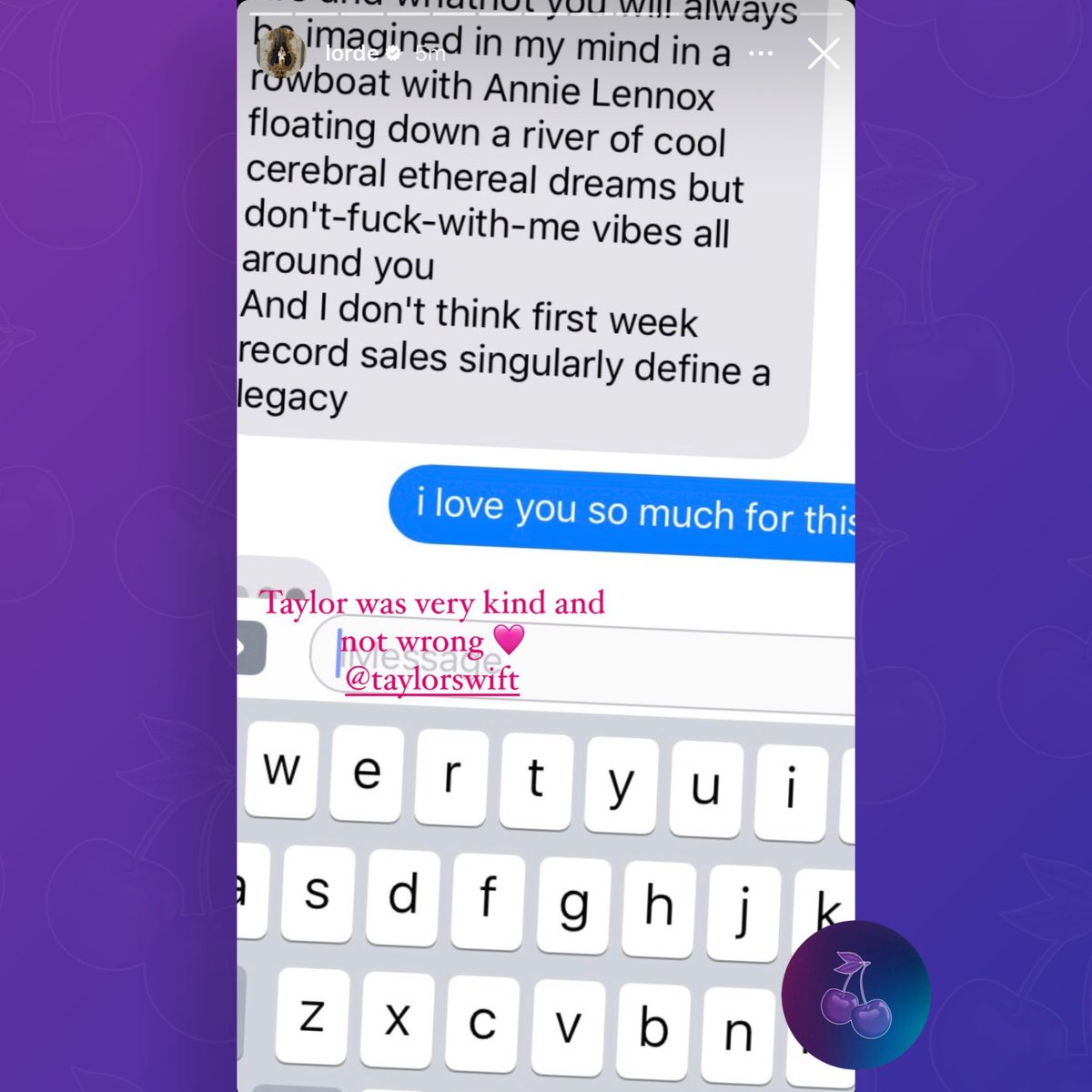 PopBase's tweet image. Lorde shares text she received from Taylor Swift when she released ‘Melodrama’ about first week sales not defining the legacy of an album:

“Taylor was very kind and not wrong”