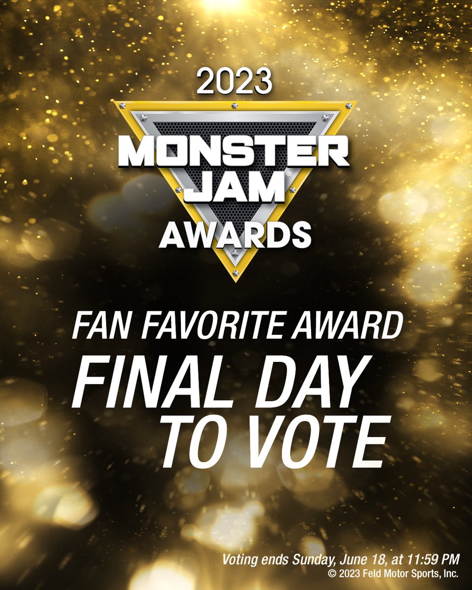 Today is the FINAL day to place your vote for Monster Jam Fan Favorite Award. Go vote for your favorite driver of the 2023 Season. Voting ends TODAY Sunday, June 18, 2023 at 11:59pm EST Vote now 🗳️ feld.ly/4y2stf #MonsterJam