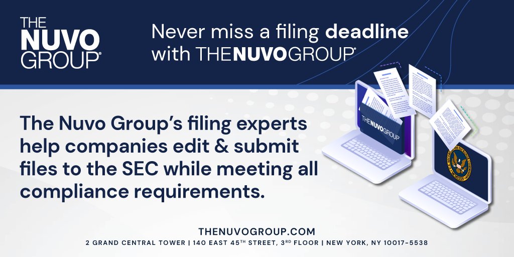 wearenuvo's tweet image. Never miss a #FilingDeadline with The Nuvo Group!

Our filing experts help companies stay compliant  — from conversions and #XBRL tagging to file submissions and printing &amp;amp; mailing!

Discover the Nuvo difference today: thenuvogroup.com