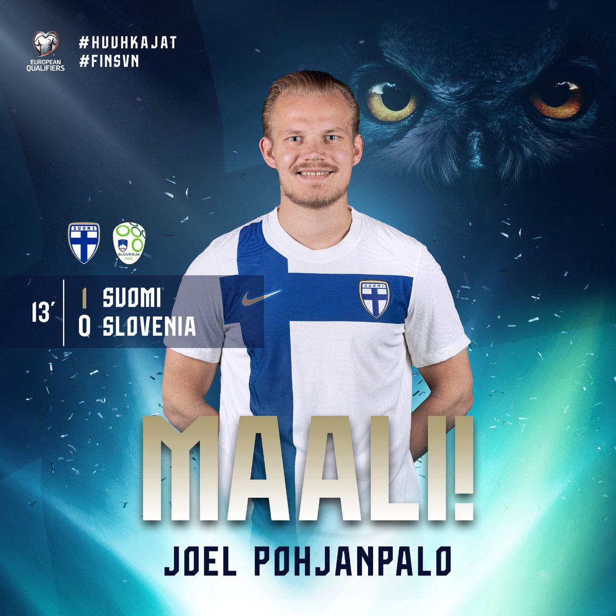 JOLLLLLLLLEEEEEE! 🔥

Suomen painostus tuottaa tulosta - Pohjanpalo osuu Pukin loistavasta syötöstä ja räjäyttää kotiyleisön huutoon. Loistava alku! [1-0] #Huuhkajat #FINSVN
