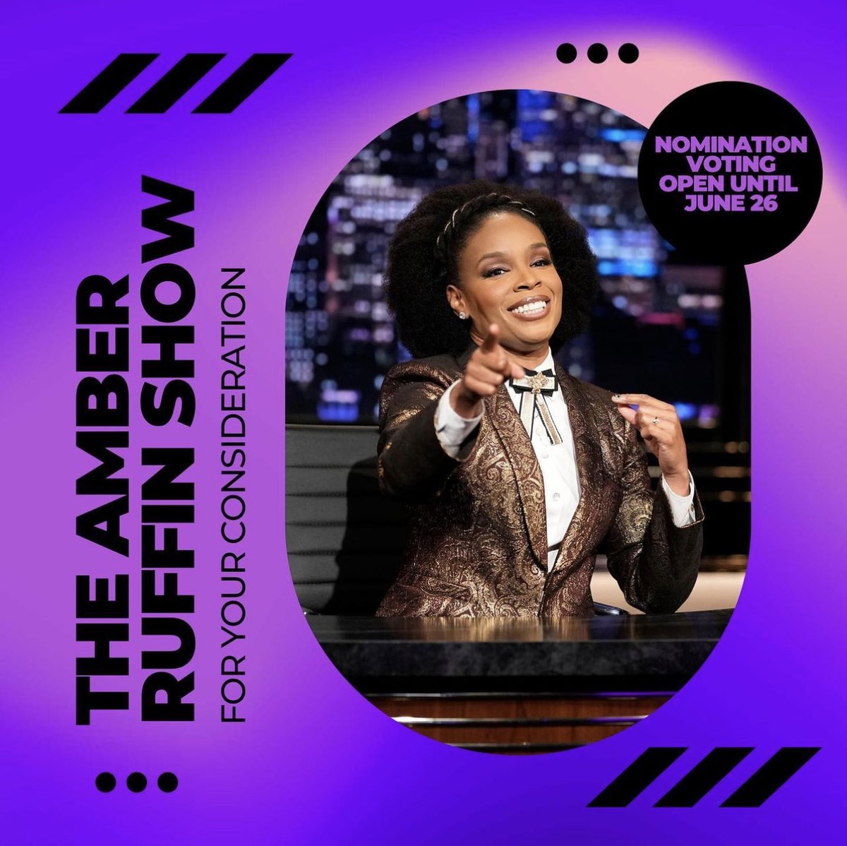 ambermruffin's tweet photo. Make a good choice today and vote The #AmberRuffinShow for an #Emmy nomination!

-Outstanding Writing for a Variety Series
-Outstanding Variety Talk Series

Voting is open until June 26th at 10pm
PT. Go do it now! #fyc 🗳️💜🗳️ https://t.co/ODaUuLkP9a