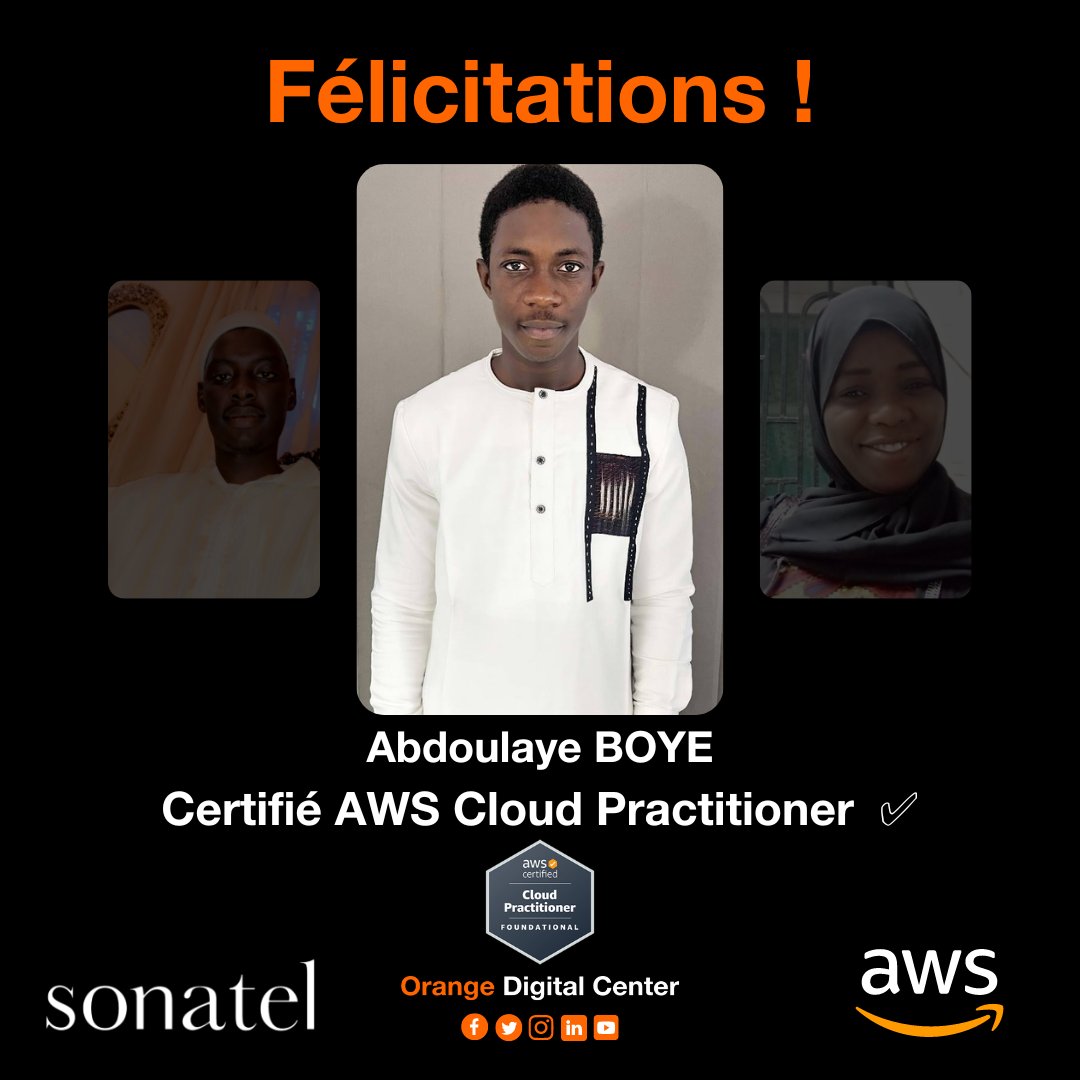 ODCSenegal's tweet photo. Félicitations à Abdoulaye BOYE qui a réussi avec brio l'examen de certification Amazon Web Services (AWS). 
La certification AWS est une reconnaissance prestigieuse de ses compétences techniques et de sa maîtrise des services cloud d'AWS.🎉 
#AWS #CertificationAWS #cloud #Amazon https://t.co/DkOIYEz5XL