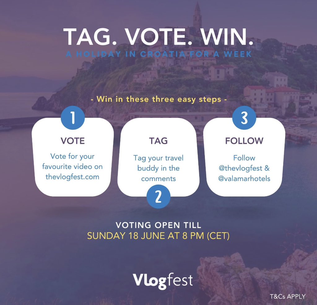mminiha1's tweet image. 📣 Calling all #Vlogfest followers! It's time to cast your vote for your favourite vlogger's video. Every vote takes you a step closer to winning that dreamy 7-day holiday in Croatia. 🌅 Visit thevlogfest.com/competition/cr… and VOTE now!