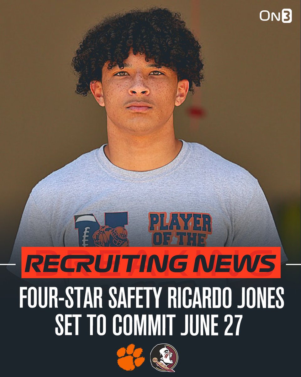 🚨NEW🚨 4-star safety Ricardo Jones will make his college decision on June 27 and will choose between Clemson and Florida State.

More from @ChadSimmons_ (On3+): on3.com/news/4-star-sa…