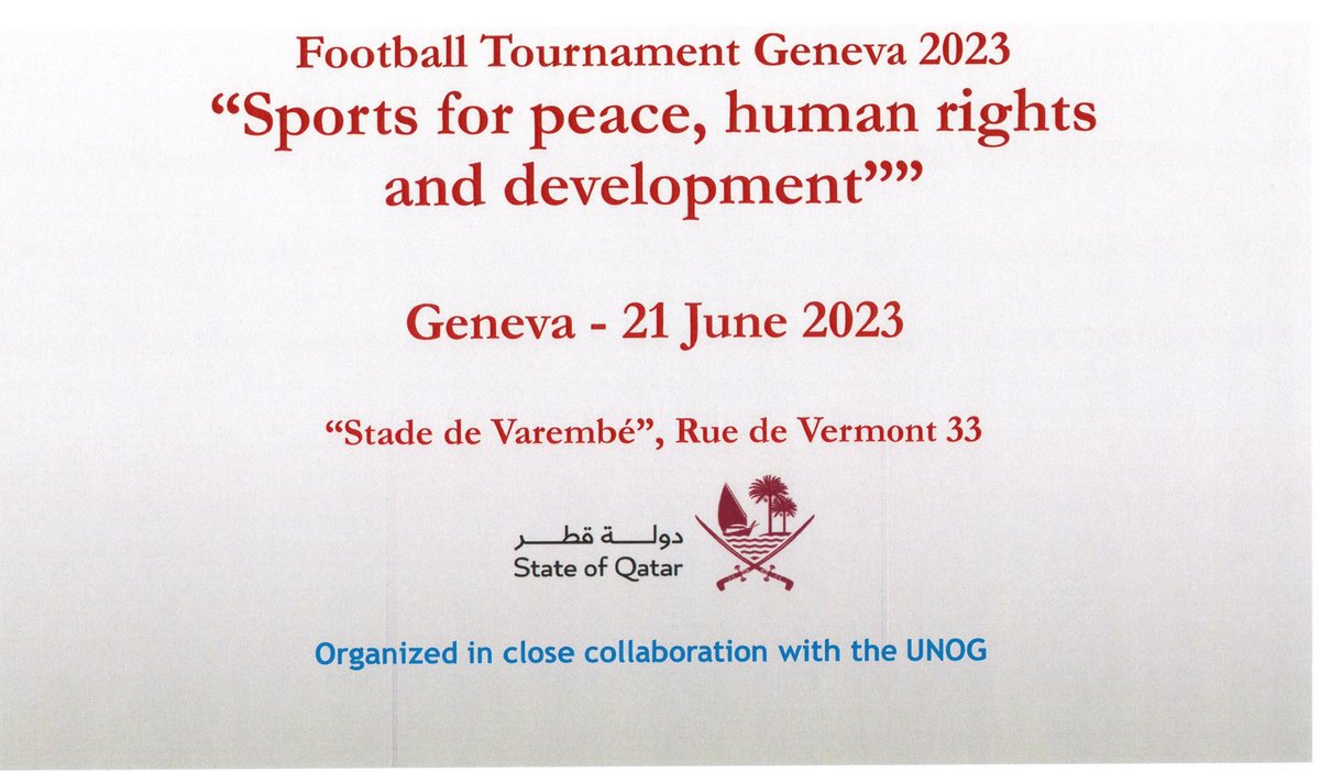 QatarMission_Ge's tweet photo. ينظم الوفد الدائم لدولة #قطر بالتعاون مع مكتب #الأمم المتحدة بجنيف، البطولة الثانية لكرة القدم لأعضاء السلك الدبلوماسي في جنيف، بهدف تشجيع استخدام الرياضة من أجل التنمية والسلام وحقوق الإنسان، وتعزيز القيم المشتركة للتعاون والتضامن https://t.co/37jjCq50QG
