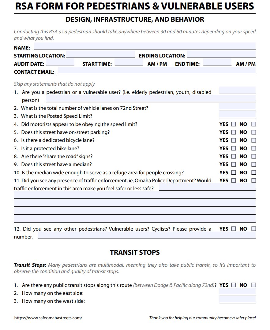 Here's a sneak peek of just the first page of our PEDESTRIAN/VULNERABLE USER form! WILL YOU PARTICIPATE?! #safeomahastreets #visionzero #speeding #recklessdriving #omaha #pedestrian #publicengagement #data #visionzerocities #equity #roaddiet