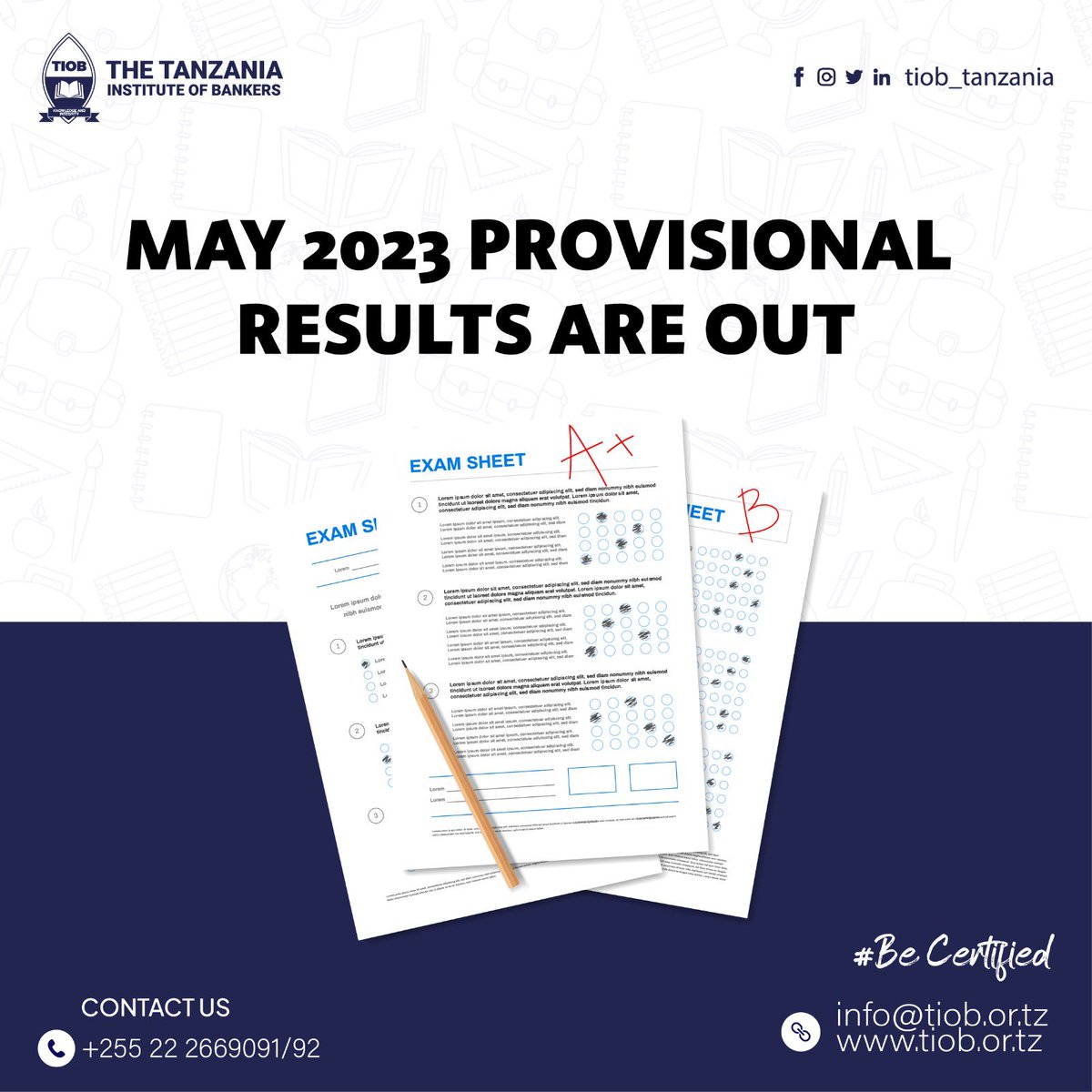 tiob_tanzania's tweet photo. May 2023 provisional results are out. 
To view your provisional results visit our website https://t.co/LeJ4YgCyF7 
Later on you will be able to view your results on your saris account.
#becertified #tiobexaminations #cpb #bc #specialist https://t.co/xe3FgVH0Zk