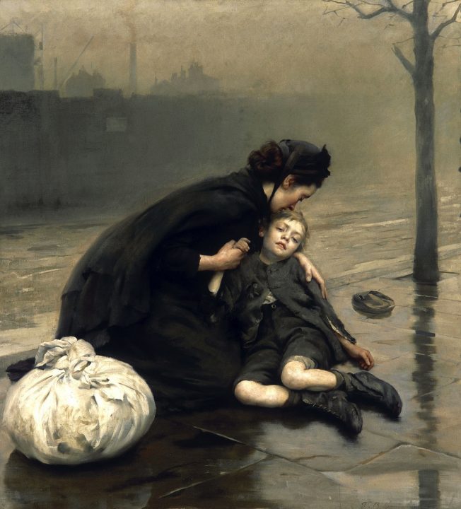 Homeless (1890) by Thomas Benjamin Kennington (English artist, lived 1856–1916). Bendigo Art Gallery. The woman seems to be wearing 'widow’s weeds'. #SocialRealism