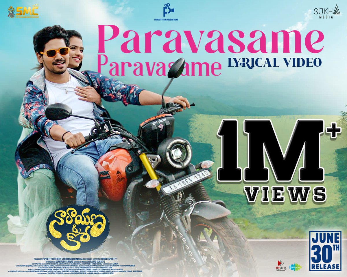 Telugu70mmweb's tweet photo. #ParavasameParavasame from #NarayanaAndCo captures 1️⃣Million+ Hearts & counting😍

https://t.co/0JcVoypIS5

🎤 @anuragkulkarni_ #PranatiK
🎼 @Josyabhatla
✍️ #Purnachary

#NarayanaAndCoOnJune30

@UrsSudhakarK @Pooja_kiran @ChinnaPapisetty @Sukha_Media @PapisettyFP @saregamasouth @Telugu70mmweb