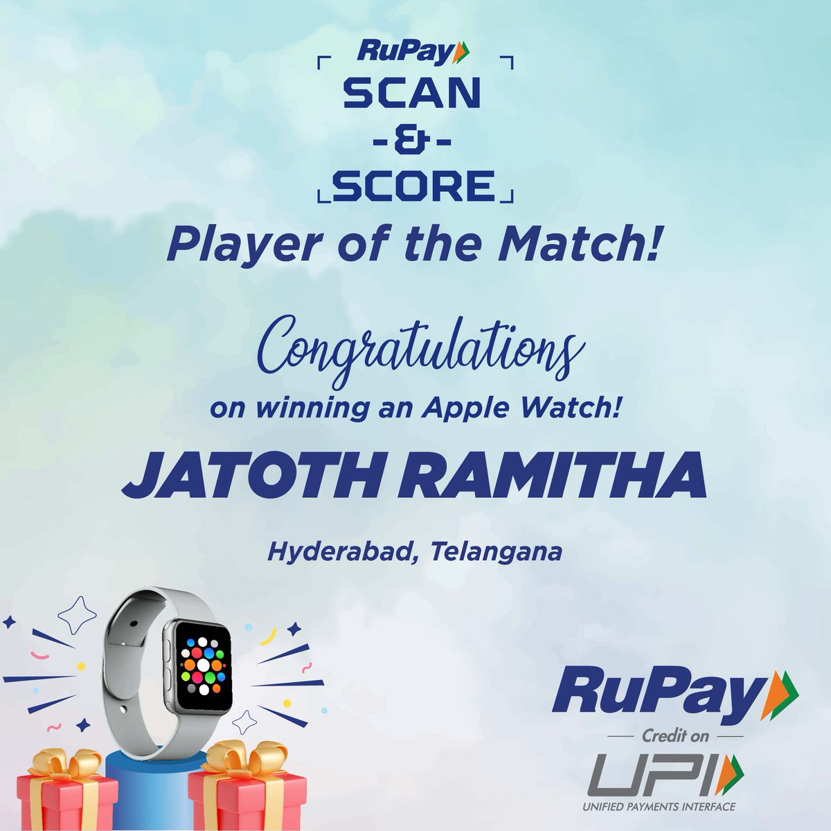 RuPay_npci's tweet photo. Kudos to @JATOTHVENK51739 for his exceptional performance in the #RuPay #ScanAndScore! Congratulations on being QRrowned the Player of the Match and earning the well-deserved reward of an Apple Watch! ⌚️🥳

@HDFC_Bank

#WinnerAlert #RuPayCreditCardOnUPI #AskForRuPayCredit https://t.co/L4t6sK0veg