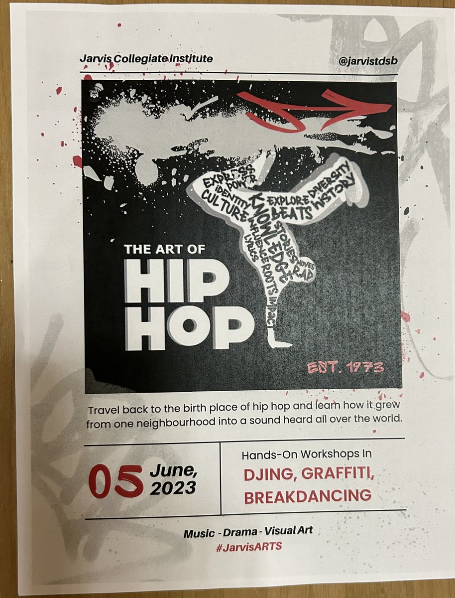 The Art of Hip Hop <a href="/jarvistdsb/">Jarvis C.I.</a> brought to you by Arts Building Community subsidy and <a href="/jarvisarts/">JarvisArts</a>. Hands-on workshops in DJing, Graffiti and Breakdancing. Working together building creative interest and exploring new talents. #ThisisJarvis  #ArtDramaMusic  <a href="/LC4_TDSB/">Learning Centre 4</a> <a href="/TDSB_Arts/">TDSB ARTS Dance Drama Music Media Arts Visual Arts</a>