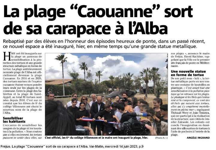 Le mardi 13 juin, en présence de M. le Maire, les élèves de la 6e AME ont participé à l'inauguration de la plage « Caouanne » 🐢 (anciennement plage de l'Alba) sur laquelle ils ont travaillé tout au long de l'année avec Mme Chatachvilly et Mme Ciaravino.⤵️
clg-villeneuve.ac-nice.fr/2023/06/16/202…